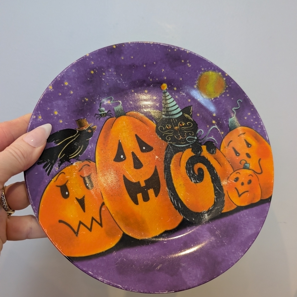Vintage Halloween Pumpkin Black Cat Witch Plates Set Of 3